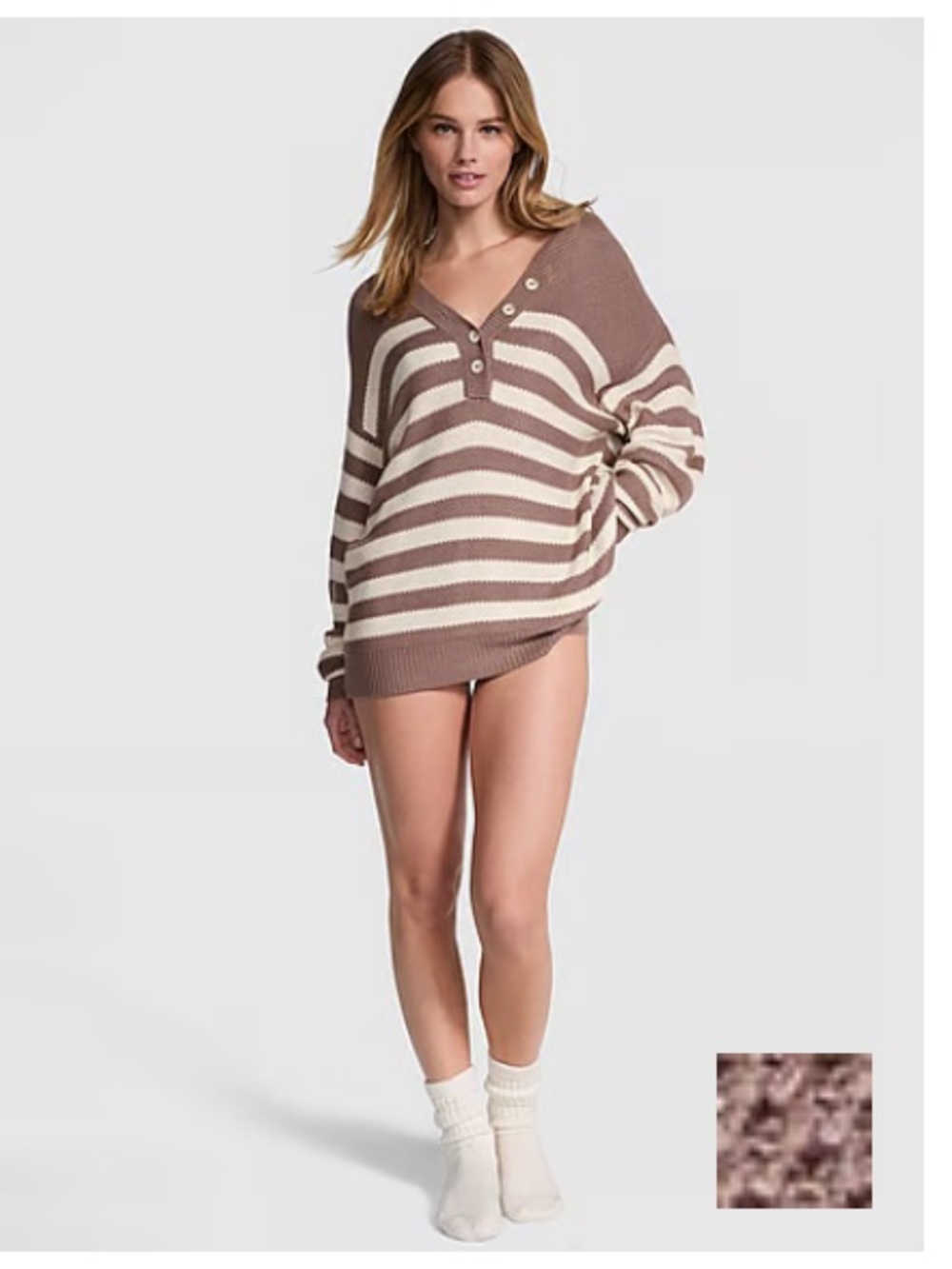 Victoria's Secret Striped V-Neck Beach Sweater in Pink and Cream
